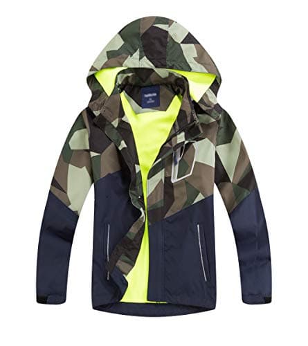 Image of LAUSONS Kids Boys Fleece Lined Raincoat Lightweight Windbreaker Camo Outdoor Waterproof Jacket with Removable Hood Army green 7-8 Years / 130cm