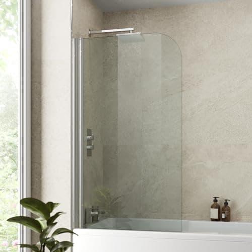 Image of Hydrolux® Curved Bath Shower Screen 800 x 1400mm – Frameless Chrome Glass Panel, 4mm Toughened Safety Glass, 180° Pivot Hinged, Reversible Bath Screen Splash Guard