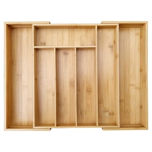 Image of MASS DYNAMIC Bamboo Cutlery Tray, Expandable Drawer Organiser, Space-Saving 5-7 Storage Compartments Holds Silverware, Kitchen Utensils, Office Supplies, Bathroom Accessories (Size: 5x48.5x37cm)