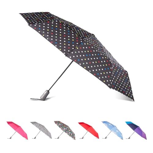 Image of totes Men's and Women's Ultimate Protection Folding Umbrella with Auto Open Close Windproof Sun Protection, WHITE MULTI SPORT DOT, 47 Inches Canopy, Clear Bubble Umbrella