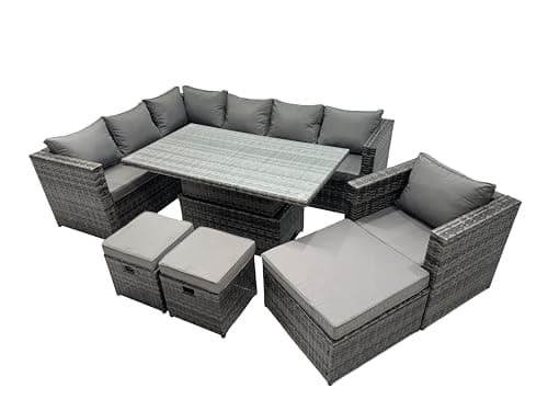 Image of FMSGarden 10-seater Height Adjustable Rising Lifting Table Corner Sofa Set Rattan Garden Furniture Dining Set with 3 Stool Dark Grey Mixed