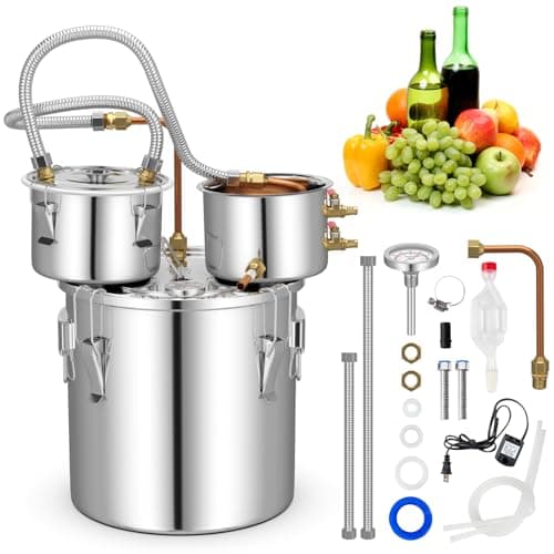 Image of GiantexUK 3 Pots Home Distiller Moonshine Still, 5 Gal 22L/ 8.5Gal 38L Stainless Steel Water Alcohol Spirits Boiler Brewing Kit with Copper Tube, Thermometer & Pump, Wine Making Kit for Brandy (22L)