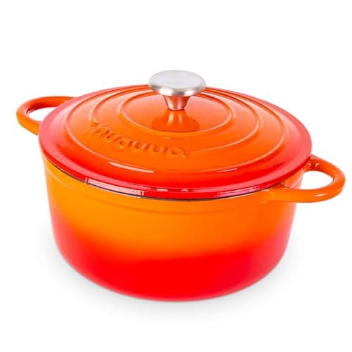 Image of Nuovva Enamelled Cast Iron Dutch Oven Pot with Lid – 5 Quart Casserole Dish – Ceramic Dutch Oven for Bread Baking, Roasting, Braising & Stews – Oven Safe up to 500°F – 24cm Orange