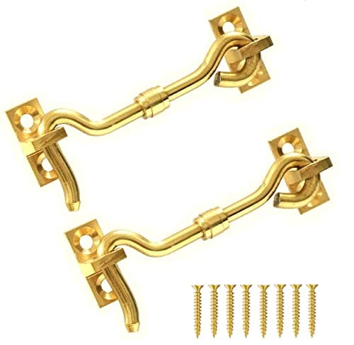 Image of TERF® 75mm Polished Brass Cabin Door Hook and Eye Lock 75mm (3 inch) Cabinet Latch including Fixing Screw For Door Gate Window Closet Shed Latch - Pack of 2