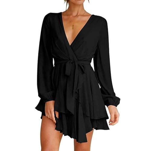 Image of TANMESSO Women's Deep V Neck Mini Skater Dress - Long Sleeve Waist Tie Ruffle Swing Dress (Black Long Sleeves,XL,XL,Regular,Regular)