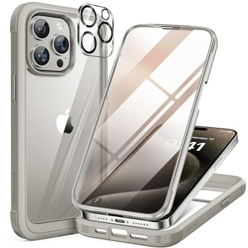 Image of Miracase Glass Case for iPhone 15 Pro Max Case 6.7-Inch, Full Body Bumper Clear Back Cover and Built-in 9H Tempered Glass Screen Protector + Camera Lens Protector (Grey Titanium)