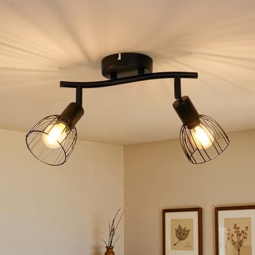 Image of Leselux 2 Way Spot Lights Ceiling, Adjustable Kitchen Light Fittings with E14 Socket, Matt Black Wire Cage Wall Spotlight Bar, Industrial Ceiling Light for Indoor Hallway Bedroom, Bulb Not Included