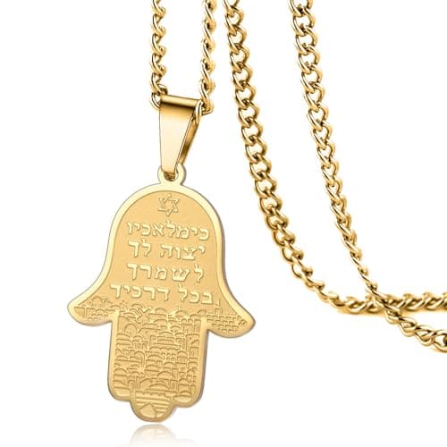 Image of VASSAGO Hamsa Hand of Fatima Necklace Jewish Star of David Necklace for Women Men Stainless Steel Hebrew Amulet Symbol Jewelry Gift (gold hamsa necklace)