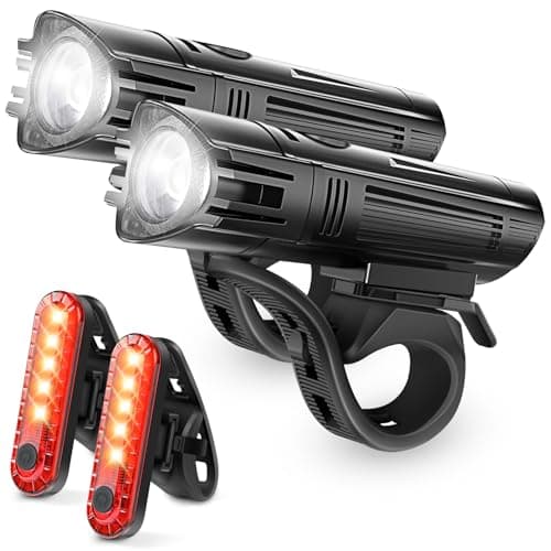 Image of Defurhome Super Bright Bike Light Set, Powerful LED USB Rechargeable Front Headlight and Back Taillight, 2000mah Lithium Battery, Waterproof, 4 Lighting Modes Mountain Road Bicycle Lights(2 Pack)
