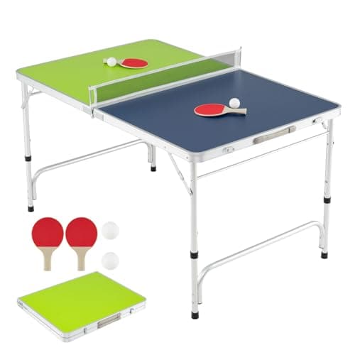 Image of COSTWAY Folding Table Tennis Table, Portable Ping Pong Desk with Net, 2 Paddles and Balls, Indoor Outdoor Family Game Tables (Green+Blue, 120 x 78 x 65-82 cm)