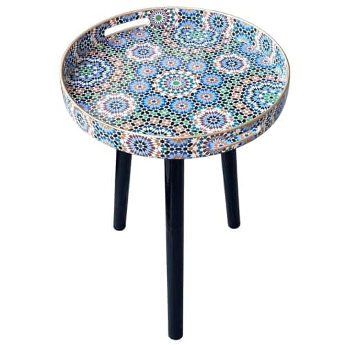 Image of Simmer Stone Round Indoor Side Tables with Detachable Wooden 3 Legs, Versatile Tray Table, Perfect For Round Coffee Table Tea, and Christmas Relaxation Time 17.7 Inch (Blue Moroccan)
