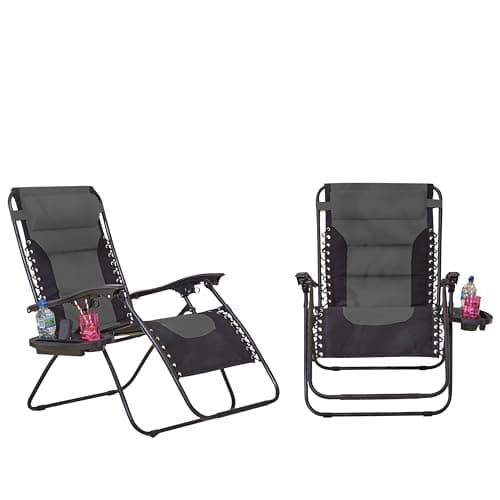 Image of Neo Pair of Outdoor Zero Gravity XL Padded Canvas Large Sun Lounger Sunbed Folding Reclining Chair Camping Garden Beach Patio (Grey)