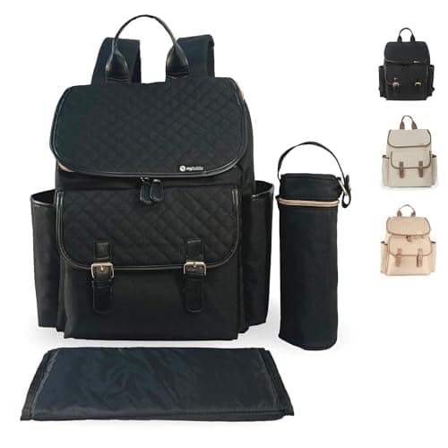 Image of My Babiie Changing Bag Backpack - With Insulated Bottle Holder, Portable Changing Mat, Baby Travel Bag, Nappy Back Pack, 9 Pockets - Black Quilted