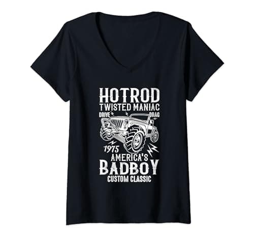 Image of Womens HOTROD TWISTED MANIAC, AMERICA'S BADBOY, CUSTOM CLASSIC. 75' V-Neck T-Shirt