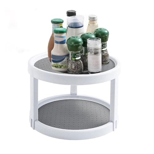 Image of Lazy Susan Turntable, Rotating Storage Organizer, Non Skid Spice Rack Turntable, Pefuseme Storage Spinning Organiser for Kitchen, Fridge, Pantry Cabinet, Refrigerator (2 Tier 25cm Grey & White)