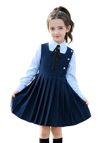 Image of LOLANTA Girls Pleated Pinafore School Uniform Jumper Dress, Square Neck Sleeveless with Button Decoration, Anti-Wrinkle, Navy, 7-8 Years, 130