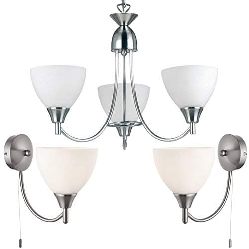 Image of Flush/Hanging 3 Bulb Ceiling & 2X Wall Light Pack | Satin Chrome & Frosted Glass Shade | Matching Indoor Lamp Fittings | Modern/Vintage Lounge Bedroom Lighting Set | LED Compatible & Dimmable kit