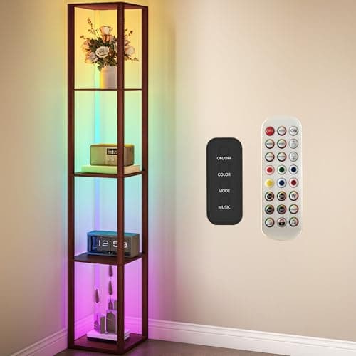 Image of HOMCOM RGB LED Floor Lamp with Shelves, Modern Dimmable Standing Lamp with Remote Control, Adjustable Brightness & Speed for Living Room, Bedroom, Office, Brown