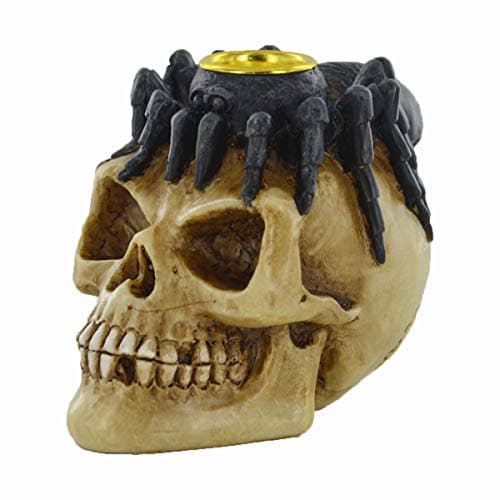 Image of Fiesta Studios Bone Skull Black Spider Candle Holder Small Celtic Patterned Spooky Home Decor H8cm