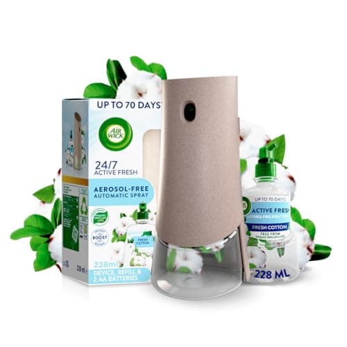 Image of Air Wick Aerosol-Free Automatic Air Freshener Spray Kit, Fresh Cotton, 1 Gadget & 1 Refill (228ml), 24x7 Active Fresh Odour Neutraliser, Lasts Up to 70 Days, Air freshener for Home