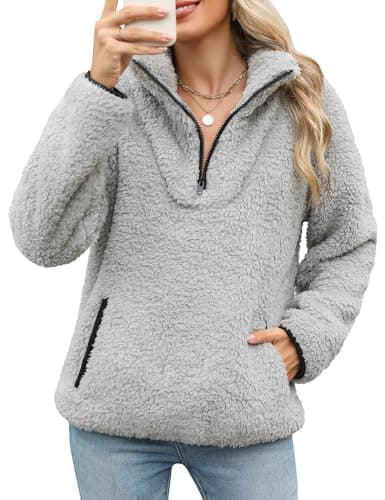 Image of Tuopuda Womens Zip Up Fleece Sweatshirt Lightweight Ladies Casual Sweater Pullover Teddy Fluffy Cozy Tops Spring Fall Winter Fleece Jacket with Pockets(Grey,XL)