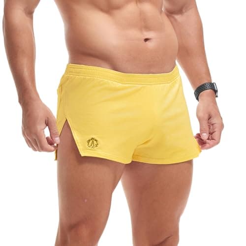 Image of Amy Coulee Mens Split Side Shorts Gym Workout Shorts Bodybuilding Cotton Lounge Sports Shorts (M, Yellow)