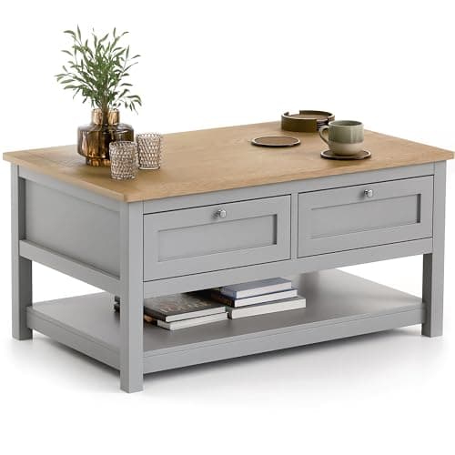 Image of CHRISTOW Coffee Table with Storage & Oak-Effect Top, Lower Shelf & 2 Pull-Down Drawers, Modern 2-Tier Living Room or Bedroom Table, Sturdy MDF Frame, Matte Painted – Grey, H43cm x W86cm x D55cm
