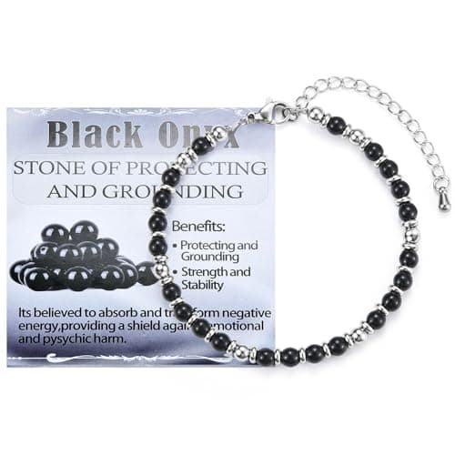 Image of CERSLIMO Natural Beaded Bracelets for Women Men - Silver Bead Bracelet with Beautiful Black Onyx Crystals, Healing Protection Anxiety Relief Jewellery Gifts Birthday Christmas Stocking Stuffers