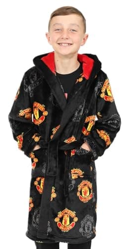 Image of Manchester United Boys Official F.C. Dressing Gown Fleece Hooded Kids Robe (15-16 Years)