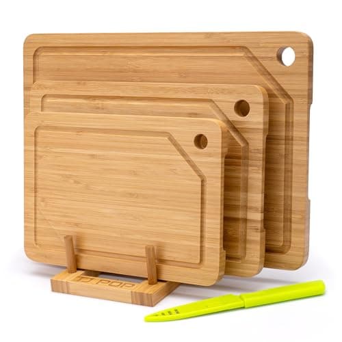 Image of Bamboo Chopping Boards Set of 3 for Kitchen, Double-Sided Cutting Boards with Stand, Juice Groove & Hanging Hole – Also Ideal for Serving Meat, Vegetables, Cheese