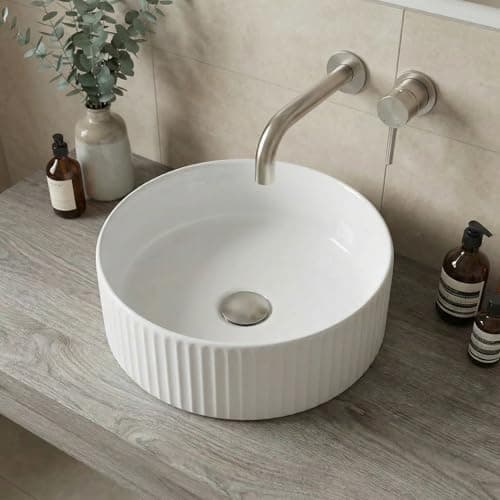 Image of BAYSTONE Fluted Countertop Basin Sink, Gloss White Round Ceramic Bathroom & Cloakroom Wash Basins, Modern Designer Vanity Bowl, 360 x 360mm