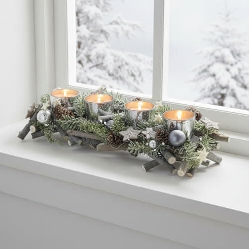 Image of Mr Crimbo Wooden Christmas Candle Holder Bar Rustic Logs Pine Branches Pine Cones Stars Baubles Silver Grey Tealight Votive Table Centrepiece