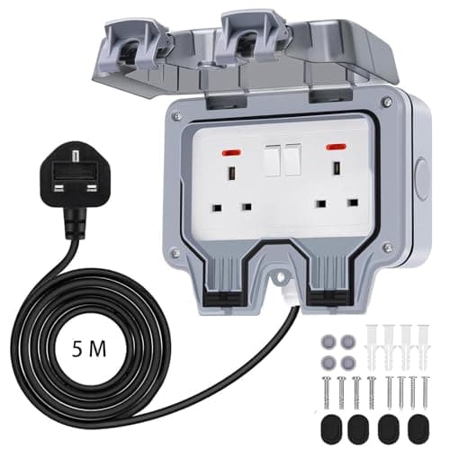 Image of Demoyaya Weatherproof Outdoor Socket Double Socket Box Waterproof with Cable, Outlet IP66 13AMP 2 Gang Power Sockets, Wall Electrical Outlet Box for Garden Garage Yard (Dual Socket with 5M Cable)