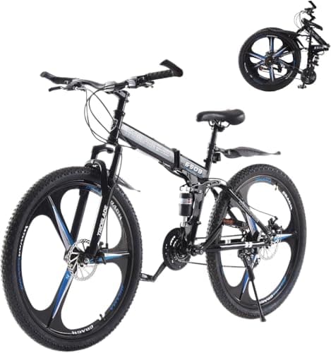 Image of LSBIKE 24 26 27.5In Foldable Mountain Bike Dual Suspension Hardtail Bicycle Men Women Mountain Bike 21 Speed Drivetrain Lightweight Frame Sport Cycling Bike for Adult (Black Blue, 27.5inch)