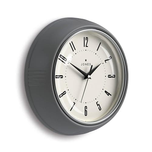 Image of Jones Clocks® Ketchup wall clock | Round retro diner clock | 25cm | Grey | Ideal for the kitchen, living room, office or bedroom | Easy to read numbers