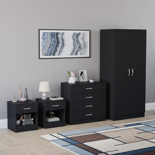 Image of Vida Designs Riano 4 Piece Bedroom Set - 1 Drawer Bedside Chest, 4 Drawer Chest, 2 Door Wardrobe - Black