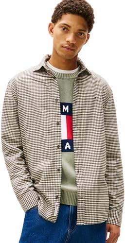 Image of Tommy Jeans Men’s Oxford Check Shirt Jacket with Button Placket, Multicolor (Pewter Green Check), M