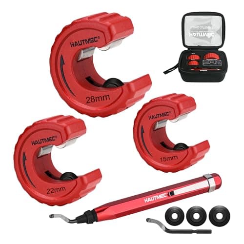 Image of HAUTMEC Copper Pipe Cutter Set 3 PCS Tube Cutter Plumbing Tools, in Portable Storage Case, Include 15mm.,22mm., and 28mm Pipe Cutters, Reaming Pen, 3 Spare Cutting Wheels, 1 Spare Deburring Blade, Red