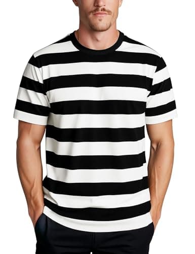 Image of Zengjo Striped T Shirts for Men Short Sleeve(Black/Off White,S)
