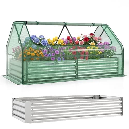 Image of GiantexUK Raised Garden Bed with Greenhouse, 2 in 1 Galvanized Metal Rectangular Planter Box with Cover & Roll-up Windows, Bottomless Flower Herb Vegetable Grow Box (Green PE Cover, 183 x 91 x 94cm)
