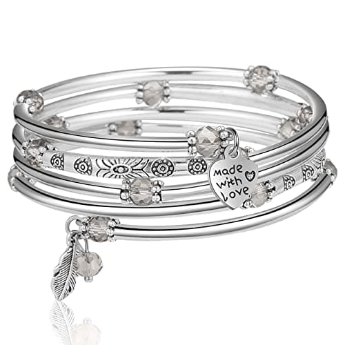 Image of FULU AUTUMN Silver Bangle Pearl Stacking Bracelets Boho Handmade Wrap Bracelet Fashion Jewellery Gift for Women(57-Transparent grey)