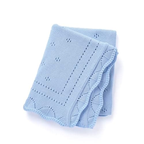 Image of Loyfoky Cellular Blanket Baby 100% Luxury Cotton Soft & Cozy for Boy Girl Newborns Swaddle,Nursery,Pram,Cot,Blue 100x80cm