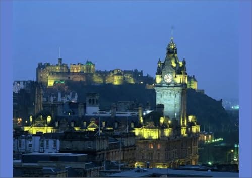 Image of robertharding Edinburgh Castle and Waverley Hotel Print at Dusk - Poster Print A2 (59.4 x 42cm) (3650735)