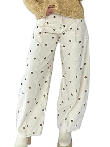 Image of Barbotimer Women Polka Dot Jeans Y2K High Waisted Wide Leg Distressed Denim Pants Vintage Dots Print Boyfriend Jeans 90s Streetwear (Brown, M)