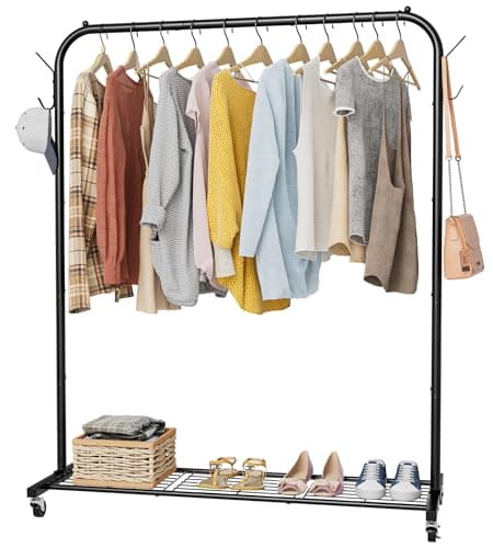 Image of Clothes Rail, Portable Clothes Rack with Hook and Metal Storage Shelf, Heavy Duty Clothes Rail on Wheels, Clothing Rail Clothes Rails for Bedroom, Hanging Rails for Clothes, Holds up to 40 kg, Black