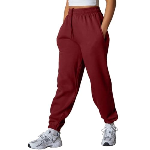 Image of NetSetUK Women's Joggers Plain Tracksuit Jogging Bottoms with Zipper Pockets Elastic Waist Regular Fit Tapered Leg Sweatpants Cuffed Trousers Drawstring Workout Gym Sport Wine