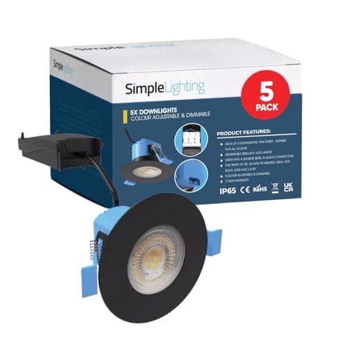 Image of Simple Lighting® Pack of 5 Fire Rated LED Downlights, Matt Black, 6W 600lm, CCT Adjustable (3000K/4000K/6000K), IP65 Waterproof, Dimmable, 55-70mm Cut-Out