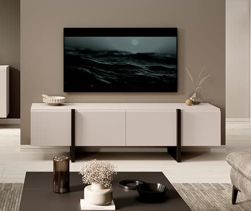 Image of TV Unit with Storage TV Stand Beige Black Entertainment Unit 160cm Long TV Cabinet for Up to 65” TV Modern Handleless Living Room Furniture