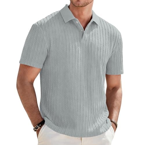Image of Focixfor Men's Polo Shirts Short Sleeve Button Regular Fit Casual Golf Striped Shirt Grey L