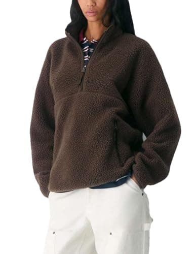 Image of Aimiray Fleece Pullover Women Long Sleeve Half Zip Sherpa Jacket Warm Trendy Teddy Fall Sweatshirts with Side Pockets, Brown, M